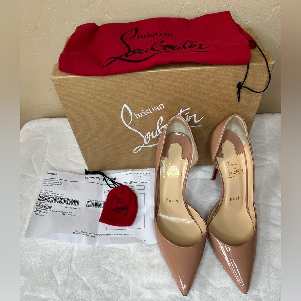 Authentic Christian Louboutin Iriza Patent 100mm Half-d'Orsay Pumps 36.5